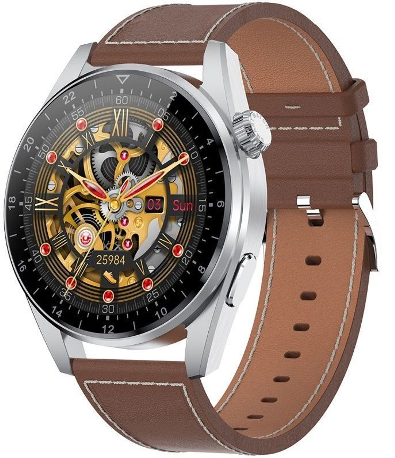 Zegarek Smartwatch Rubicon zestaw z dwoma p45kami Rozmowy telefoniczne RNCE78 srebrny brązowa skóra (6).jpg